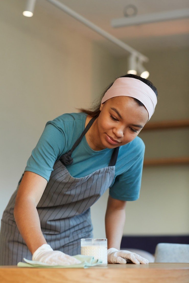vertical portrait young mixed race waitress cleaning table cafe coffee shop while preparing opening morning 236854 30592 Domestic Cleaning Services in Edinburgh